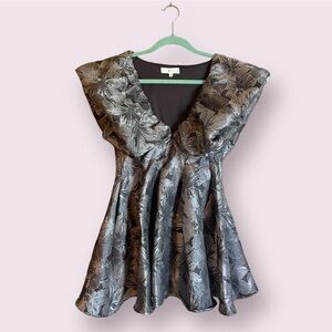 Kelsis Silver and Black Puff Sleeve V Neck Flutter Dress